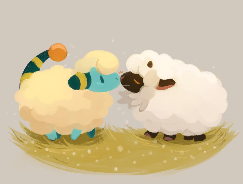 blush closed_eyes closed_mouth from_side full_body gen_2_pokemon gen_8_pokemon grass happy highres horns light_blush mareep no_humans noses_touching pokemon pokemon_(creature) profile sheep simple_background smile standing wonderarium wooloo