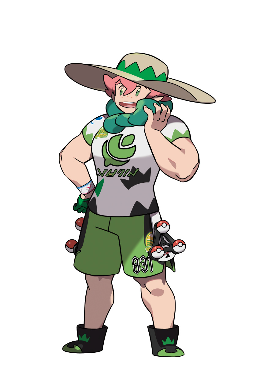 1boy absurdres artist_request black_footwear freckles full_body gloves green_eyes green_gloves green_shorts gym_leader hand_on_hip hand_up happy hat highres looking_to_the_side male_focus muscle official_art open_mouth outline pink_hair poke_ball poke_ball_(generic) pokemon pokemon_(game) pokemon_swsh shoes short_sleeves shorts single_glove smile solo standing sun_hat teeth transparent_background white_outline wristband yalow_(pokemon)