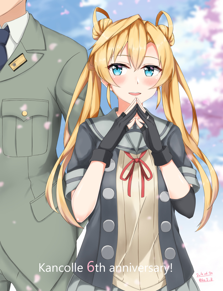 1boy 1girl absurdres abukuma_(kantai_collection) admiral_(kantai_collection) anniversary black_gloves black_jacket blonde_hair blue_eyes buttons commentary_request cowboy_shot dated double_bun fingers_together gloves grey_sailor_collar grey_skirt hair_between_eyes hair_rings head_out_of_frame highres jacket jewelry ka_tsumi kantai_collection long_hair looking_at_viewer military military_uniform neck_ribbon partly_fingerless_gloves pleated_skirt red_ribbon remodel_(kantai_collection) ribbon ring sailor_collar school_uniform serafuku short_sleeves skirt solo_focus steepled_fingers twintails twitter_username uniform wedding_band