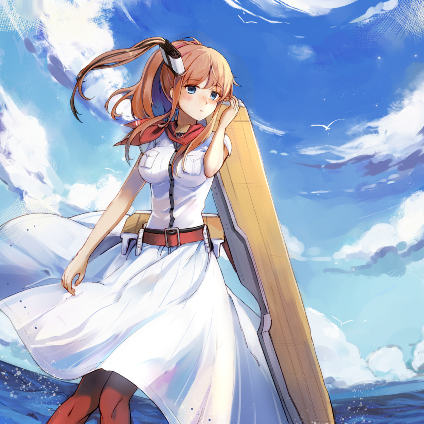 1girl anchor blue_eyes blue_sky breast_pocket breasts brown_hair clouds commentary_request day dress fisheye flight_deck hair_between_eyes hair_ornament highres horizon kantai_collection large_breasts neckerchief outdoors pocket ponytail red_legwear red_neckwear saratoga_(kantai_collection) side_ponytail sidelocks sky smokestack solo thigh-highs white_dress yorktown_cv-5