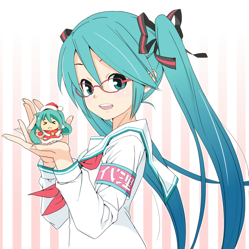 &gt;_&lt; aqua_eyes aqua_hair armband bangs capelet character_doll commentary doll from_side glasses hair_between_eyes hair_ribbon hands_up hat hatsune_miku holding holding_doll light_blush long_hair looking_at_viewer looking_to_the_side neck_ribbon red_capelet red_mittens red_ribbon ribbon sailor_collar santa_costume santa_hat school_uniform shirt smile solo soukun_s star striped striped_background twintails upper_body very_long_hair vocaloid vocaloid_(lat-type_ver) white_shirt