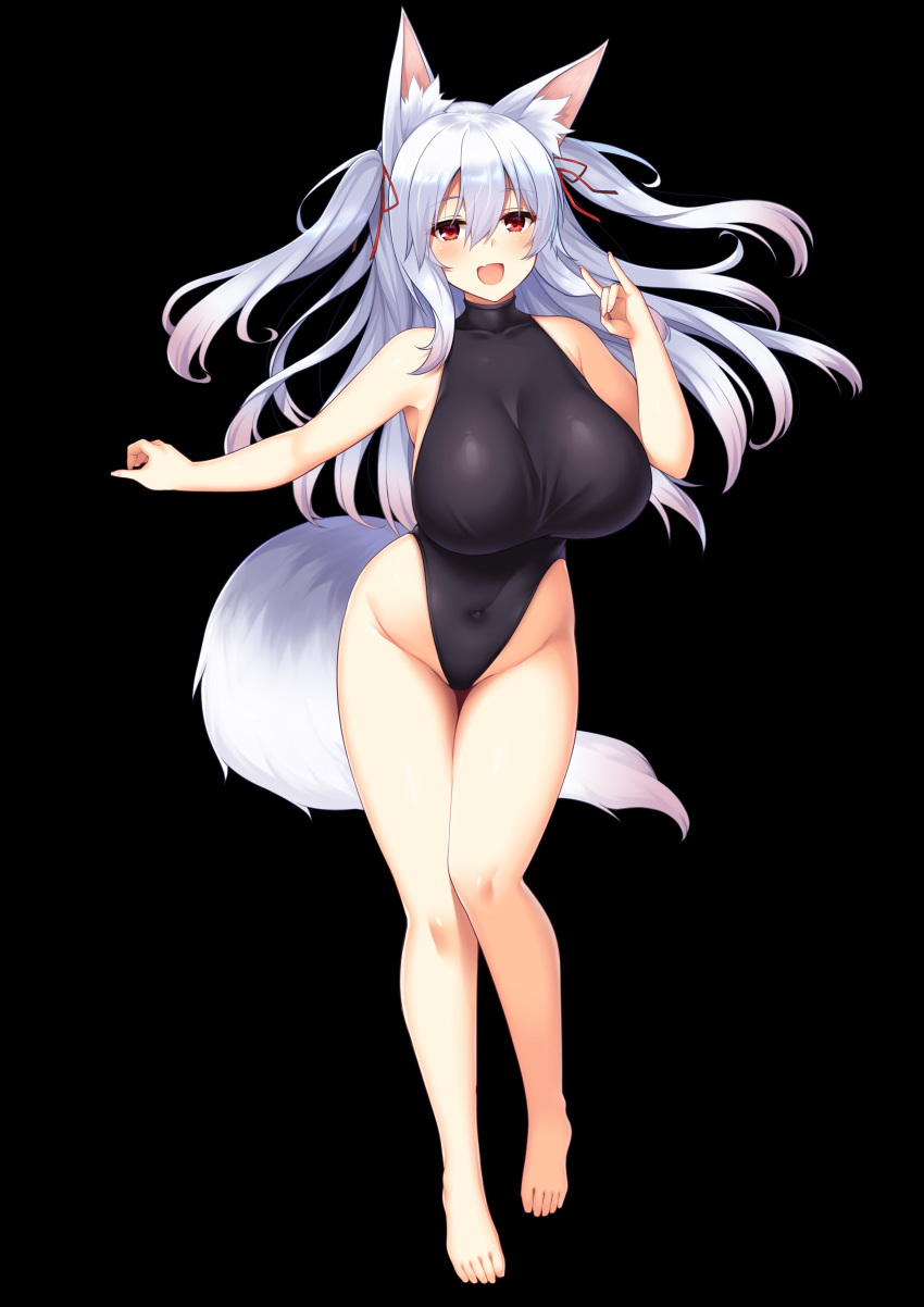1girl absurdres animal_ears bangs bare_shoulders barefoot black_background blush breasts covered_collarbone covered_navel crossed_bangs eyebrows_visible_through_hair fox_ears fox_tail full_body hair_between_eyes hair_ornament hair_ribbon highleg highleg_leotard highres horosuke_(toot08) large_breasts leotard long_hair looking_at_viewer no_shoes open_mouth original red_eyes ribbon silver_hair simple_background skin_tight sleeveless smile solo standing tail toes two_side_up