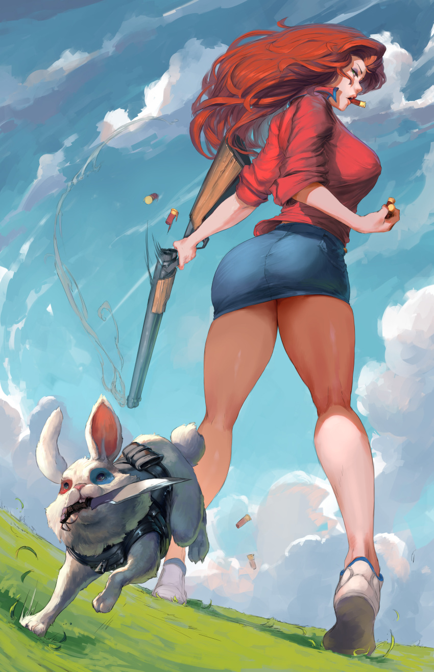 1girl absurdres ass breasts clouds cloudy_sky cutesexyrobutts eyeshadow facepaint field grass green_eyes gun highres knife_in_mouth large_breasts legs lips long_hair long_legs looking_at_viewer looking_back looking_down makeup original paid_reward patreon_reward rabbit redhead shell_in_mouth shotgun shotgun_shells skirt sky solo thighs weapon