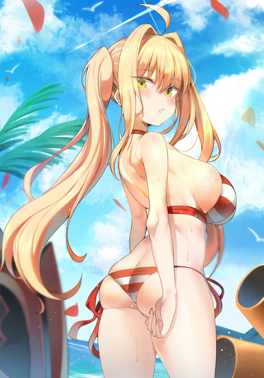 1girl ahoge ass bikini blonde_hair breasts fate/grand_order fate_(series) green_eyes hair_intakes highres large_breasts looking_at_viewer looking_back nero_claudius_(fate)_(all) nero_claudius_(swimsuit_caster)_(fate) pring654 red_bikini side-tie_bikini skindentation solo striped striped_bikini swimsuit twintails