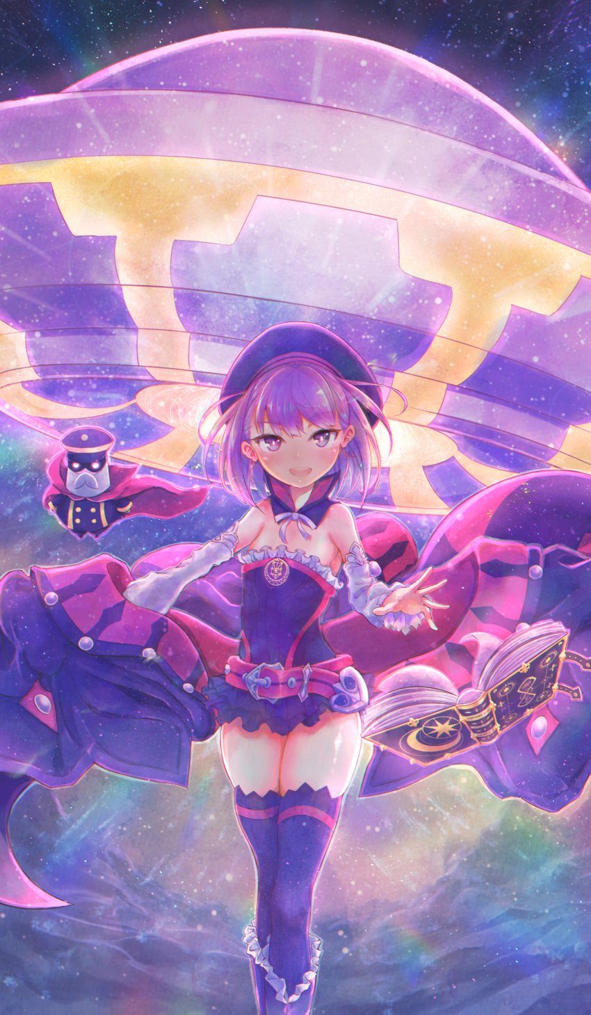 1girl absurdres bangs belt book colonel_olcott_(fate/grand_order) commentary detached_collar detached_sleeves eyebrows_visible_through_hair fate/grand_order fate_(series) harupippo hat helena_blavatsky_(fate/grand_order) highres huge_filesize jacket jacket_removed looking_at_viewer open_mouth purple_hair short_hair solo standing ufo violet_eyes