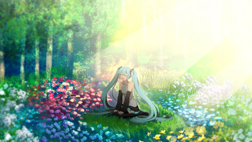 1girl aqua_eyes aqua_hair bare_shoulders blue_flower blurry closed_eyes colorful commentary depth_of_field detached_sleeves flower forest grass hair_ornament hands_on_own_knees hatsune_miku long_hair matsuda_toki nature necktie outdoors red_flower shirt sitting sleeveless sleeveless_shirt smile solo sunlight thigh-highs tree twintails very_long_hair vocaloid wariza white_flower yellow_flower