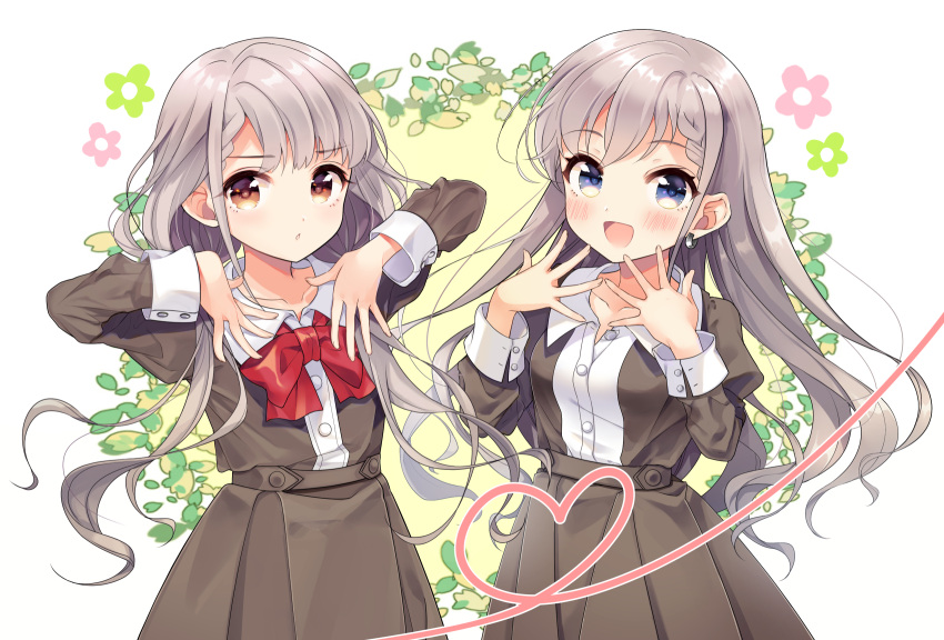 2girls :d bangs blue_eyes blush bow braid breasts brown_eyes brown_jacket brown_skirt chestnut_mouth collarbone collared_shirt commentary_request dress_shirt earrings eyebrows_visible_through_hair fingernails floral_background french_braid grey_hair hair_over_shoulder hands_up heart highres hisakawa_hayate hisakawa_nagi idolmaster idolmaster_cinderella_girls jacket jewelry juliet_sleeves kanda_done long_hair long_sleeves low_twintails multiple_girls open_mouth parted_lips pleated_skirt puffy_sleeves red_bow school_uniform shirt siblings silver_hair sisters skirt small_breasts smile twins twintails unbuttoned unbuttoned_shirt very_long_hair white_shirt