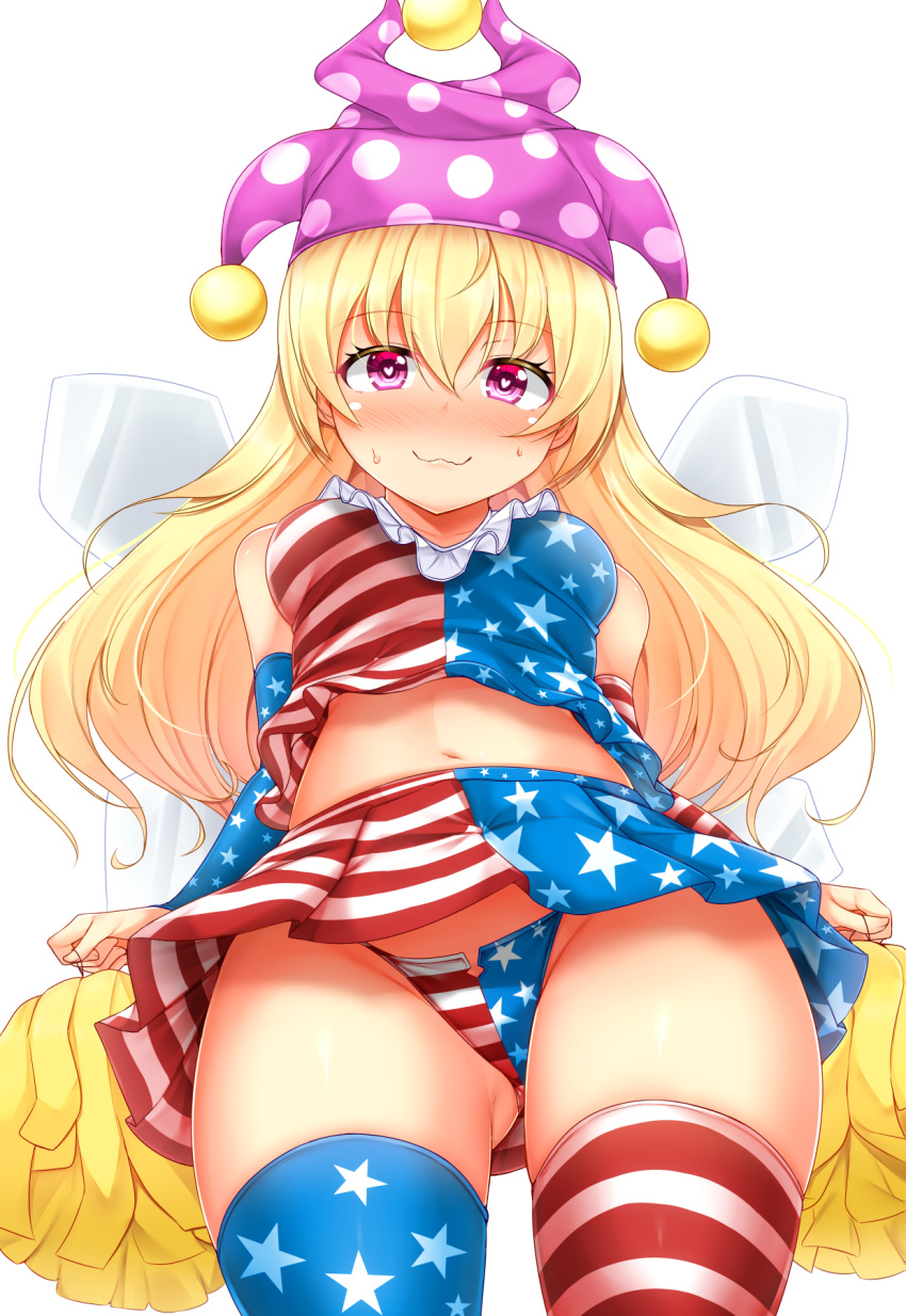 1girl :3 adapted_costume american_flag_legwear american_flag_panties american_flag_shirt american_flag_skirt ass_visible_through_thighs bangs bare_shoulders blonde_hair blue_legwear blue_panties blue_shirt blue_skirt blush cap_and_bells cheerleader clownpiece commentary_request cowboy_shot crop_top detached_sleeves eyebrows_visible_through_hair fairy_wings from_below groin hair_between_eyes hat heart heart-shaped_pupils highres holding holding_pom_poms jester_cap long_hair long_sleeves looking_at_viewer midriff miniskirt mismatched_legwear navel neck_ruff nose_blush panties pantyshot pantyshot_(standing) pleated_skirt polka_dot polka_dot_hat pom_poms purple_headwear red_legwear red_panties red_shirt red_skirt shirt simple_background skirt skirt_set sleeveless sleeveless_shirt smile solo standing star star_print stomach striped striped_legwear striped_panties striped_shirt striped_skirt sweat symbol-shaped_pupils thighs tokoya_(ex-hetare) touhou underwear violet_eyes white_background white_legwear white_panties white_shirt white_skirt wings