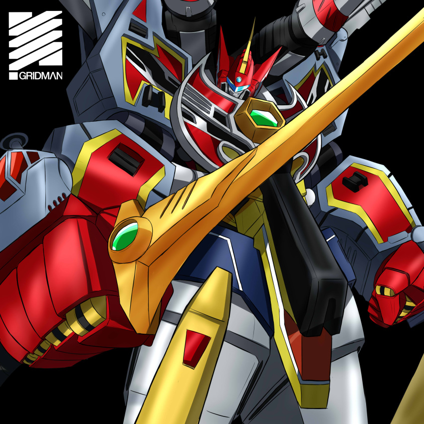 1boy absurdres armor black_background cannon character_name character_request drill full_powered_gridman glowing glowing_eye gridman_(ssss) gridman_calibur helmet highres holding holding_sword holding_weapon horns male_focus mecha no_humans ryuzaki-kaito ssss.gridman standing sword title visor weapon yellow_eyes