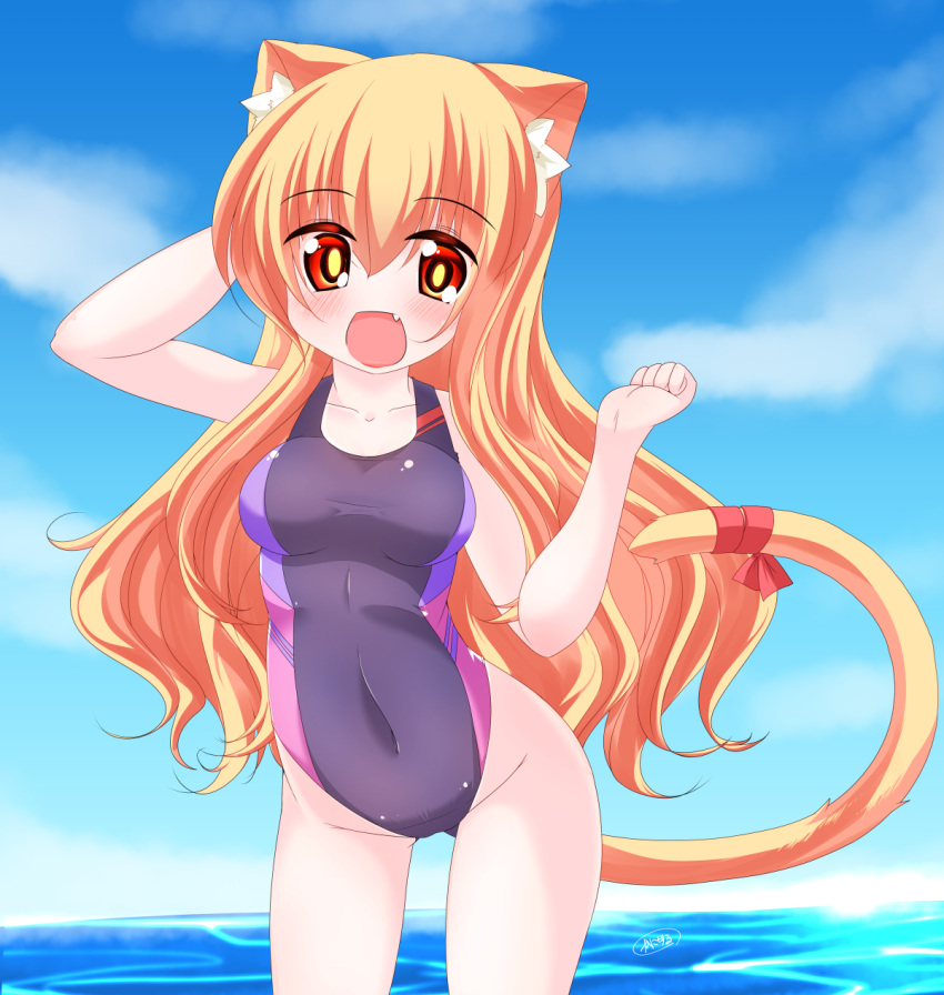 1girl :d animal_ears arm_up bangs bare_arms bare_shoulders blonde_hair blue_sky blush breasts cat_ears cat_girl cat_tail clouds competition_swimsuit covered_navel day eyebrows_visible_through_hair fang groin hair_between_eyes hand_behind_head hand_up highres horizon kanijiru large_breasts long_hair ocean one-piece_swimsuit open_mouth original outdoors purple_swimsuit red_eyes red_ribbon ribbon sky smile solo standing swimsuit tail tail_raised tail_ribbon very_long_hair wading water wavy_hair