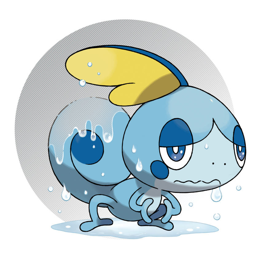 artist_request blue_eyes closed_mouth full_body gen_8_pokemon half-closed_eyes highres looking_at_viewer no_humans official_art outline pokemon pokemon_(creature) pokemon_(game) pokemon_swsh puddle sobble solo squatting transparent transparent_background water wavy_mouth wet white_outline