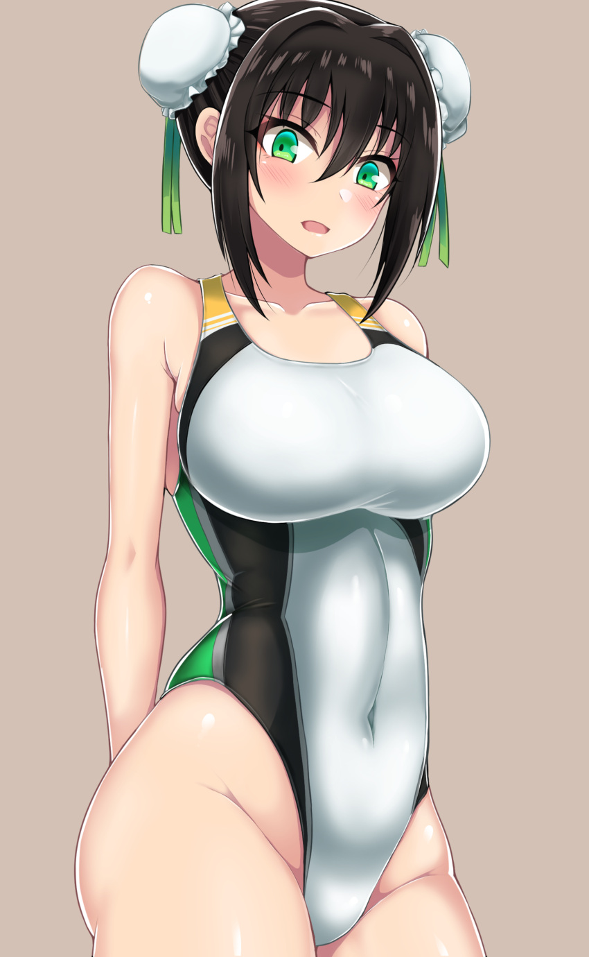 1girl absurdres black_hair blush breasts covered_navel cowboy_shot double_bun fate/grand_order fate_(series) green_eyes highleg highleg_swimsuit highres large_breasts one-piece_swimsuit qin_liangyu_(fate) swimsuit takanotsume