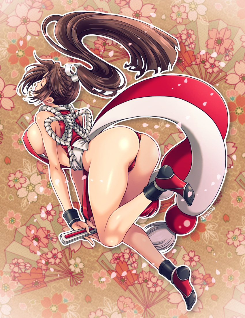 1girl ass black_legwear breasts brown_hair closed_eyes closed_fan closed_mouth commentary covered_nipples fan fatal_fury flower folding_fan from_behind from_side full_body high_ponytail highres japanese_clothes large_breasts long_hair miru_(mill_36) ninja pelvic_curtain petals ponytail revealing_clothes rope shiranui_mai sideboob sleeveless solo the_king_of_fighters