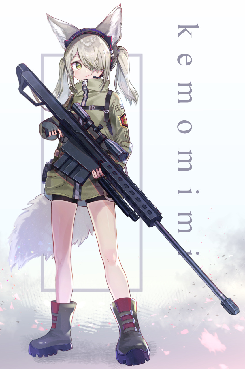 1girl absurdres animal_ears bike_shorts closed_mouth fang fang_out full_body gun hair_over_one_eye headset highres holding holding_weapon long_hair long_sleeves microphone military military_jacket military_uniform original rifle rukako scope silver_hair smile sniper_rifle tail twintails uniform weapon weapon_request yellow_eyes