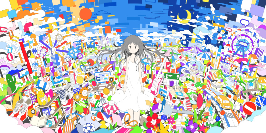 1girl aircraft airplane ball bangs blue_flower book bookshelf building cake camera car castle chain clouds crescent_moon cup dress egg eighth_note electric_guitar eraser expressionless feet_out_of_frame ferris_wheel fish flat_color floating_hair flower food fork frying_pan gears glasses grey_hair ground_vehicle guitar hebitsukai hot_air_balloon instrument kendama key keyboard_(instrument) keyhole knife leaf long_hair looking_at_viewer moon motor_vehicle musical_note open_book orange_flower original paper paperclip purple_flower rain red_flower red_footwear road road_sign satellite saturn scissors shoes sign solo sparkle spoon stairs star_(sky) sun sunny_side_up_egg umbrella water white_dress yellow_flower yo-yo