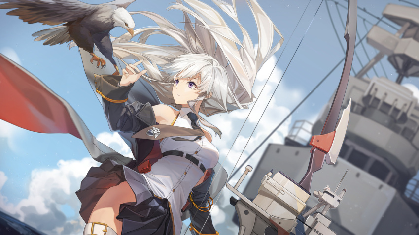 1girl azur_lane bangs bare_shoulders bird black_neckwear blue_sky bow_(weapon) breasts buckle clouds compound_bow cuff_links day dutch_angle eagle enterprise_(azur_lane) eyebrows_visible_through_hair floating_hair hand_up hat highres holding holding_bow_(weapon) holding_weapon large_breasts long_hair looking_at_viewer looking_away necktie off_shoulder outdoors peaked_cap rff_(3_percent) rigging shirt silver_hair skirt sky sleeveless sleeveless_shirt smile solo thigh-highs underbust very_long_hair violet_eyes weapon wind wind_lift