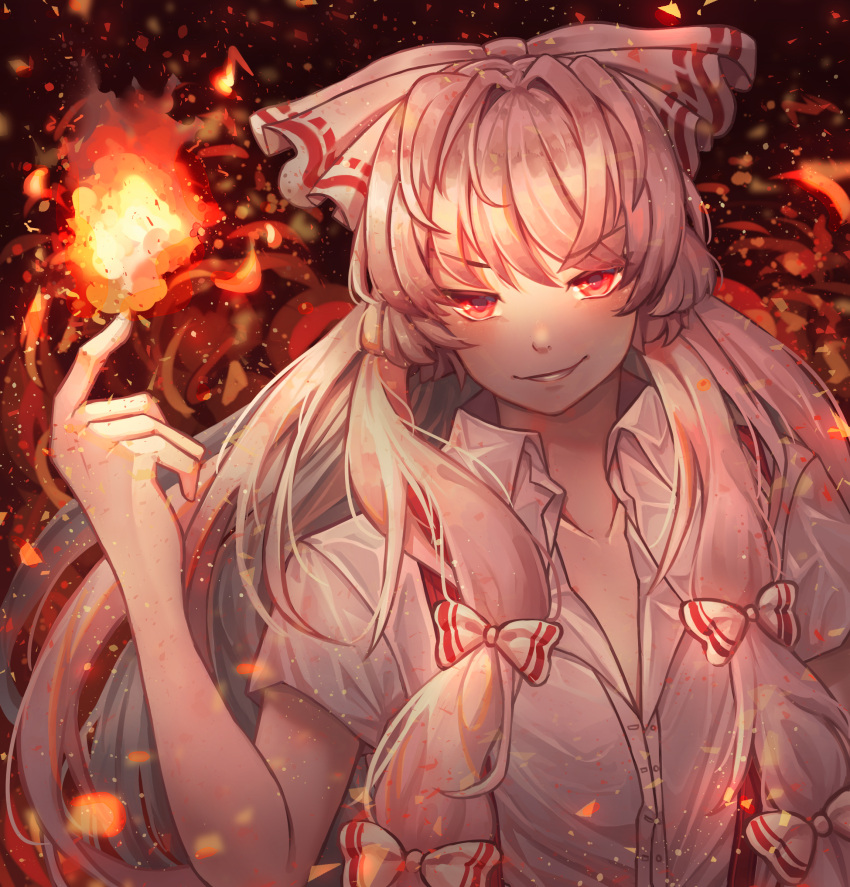 1girl absurdres arm_up bangs burning_hand collarbone dandelion_girl embers eyebrows_visible_through_hair fiery_background fire fujiwara_no_mokou furrowed_eyebrows grin hair_intakes hair_ribbon highres index_finger_raised leaning_to_the_side long_hair looking_at_viewer red_eyes ribbon shirt short_sleeves sidelocks silver_hair smile solo suspenders touhou tress_ribbon tsurime upper_body very_long_hair white_shirt