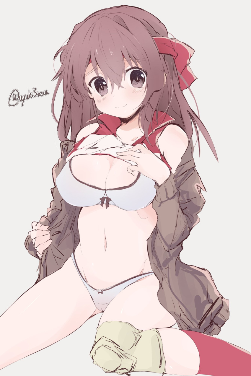 1girl ass_visible_through_thighs bangs bow bow_bra bra breasts brown_eyes brown_hair brown_sweater cardigan closed_mouth commentary crotch_seam getsumen_suibaku_ver._a(c) girls_und_panzer grey_background groin hand_on_own_chest headband highres knee_pads kondou_taeko lifted_by_self light_blush long_sleeves looking_at_viewer medium_breasts medium_hair no_pants off_shoulder open_cardigan open_clothes opened_by_self panties red_headband red_legwear red_shirt shirt shirt_lift short_hair simple_background sitting sleeveless sleeveless_shirt smile socks solo sportswear sweater underwear volleyball_uniform white_bra white_panties