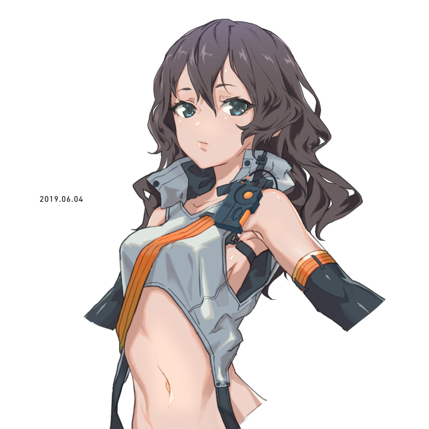 1girl bangs black_eyes black_hair breasts cancell cropped_arms cropped_torso dated detached_sleeves hair_between_eyes highres long_hair looking_at_viewer medium_breasts navel original science_fiction solo symbol-shaped_pupils white_background