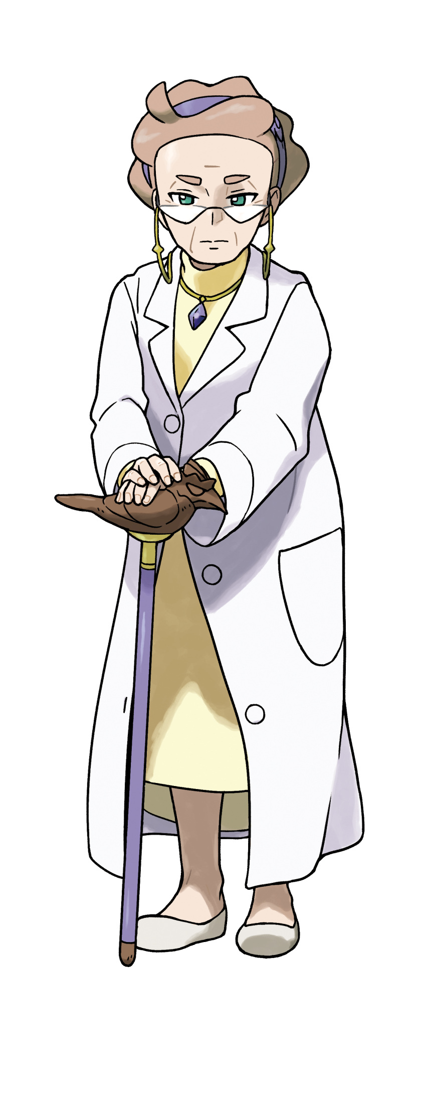 1girl absurdres artist_request brown_hair cane character_request closed_mouth dress earrings forehead full_body glasses green_eyes hairband hands_together highres jewelry labcoat long_sleeves looking_at_viewer necklace official_art outline pokemon pokemon_(game) pokemon_swsh purple_hairband shoes short_hair solo standing transparent_background white_coat white_footwear white_outline yellow_dress
