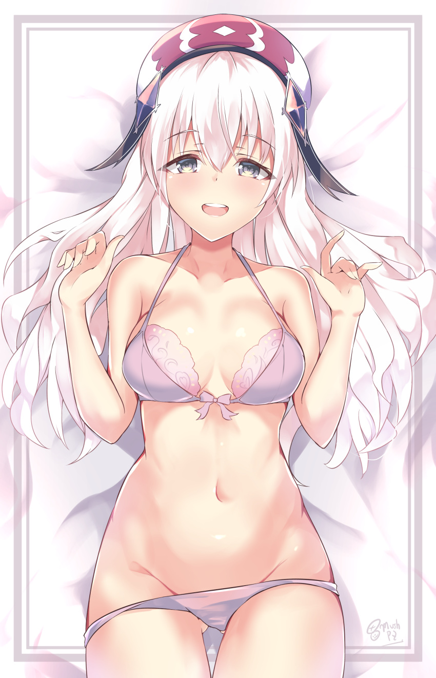 1girl :d absurdres arcaea ass_visible_through_thighs bangs bare_arms bare_shoulders beret bra breasts collarbone commentary cowboy_shot grey_bra grey_eyes grey_panties groin hair_between_eyes halterneck hands_up hat highres hikari_(arcaea) k-doku long_hair looking_at_viewer lying medium_breasts navel on_back open_mouth panties signature smile solo stomach underwear underwear_only white_hair white_headwear