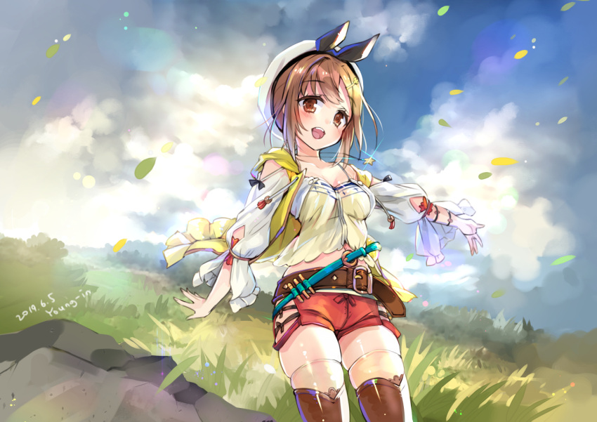 1girl atelier_(series) atelier_ryza bangs belt belt_buckle beret black_ribbon blue_belt blue_sky blush breasts brown_belt brown_eyes brown_hair brown_shirt buckle clouds cloudy_sky commentary_request day eyebrows_visible_through_hair hair_ornament hairclip hat hood hood_down hooded_jacket jacket jin_young-in leaves_in_wind long_sleeves medium_breasts open_clothes open_jacket outdoors outstretched_arm puffy_long_sleeves puffy_sleeves red_shorts reisalin_stout ribbon round-bottom_flask shirt short_shorts shorts skindentation sky sleeveless_jacket solo standing thigh-highs vial white_headwear white_legwear white_sleeves yellow_jacket
