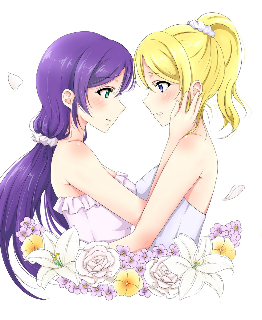 2girls arm_around_waist ayase_eli bare_shoulders blonde_hair blue_eyes blush breast_press breasts commentary_request dress eyebrows_visible_through_hair flower green_eyes hand_on_another's_cheek hand_on_another's_face high_ponytail highres long_hair looking_at_another love_live! love_live!_school_idol_project multiple_girls ponytail profile satoharu scrunchie simple_background symmetrical_docking wedding wedding_dress white_dress white_flower white_scrunchie yuri