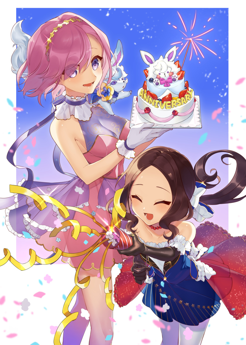 2girls animal bangs bare_shoulders black_gloves black_hair blue_bow bow breasts cake character_request citron_82 closed_eyes collarbone commentary dress elbow_gloves fate/grand_order fate_(series) feet_out_of_frame food fou_(fate/grand_order) fruit gloves hair_over_one_eye happy highres holding long_hair mash_kyrielight medium_breasts multiple_girls parted_bangs pink_eyes pink_hair short_hair sleeveless sleeveless_dress strawberry violet_eyes white_bow white_gloves white_legwear