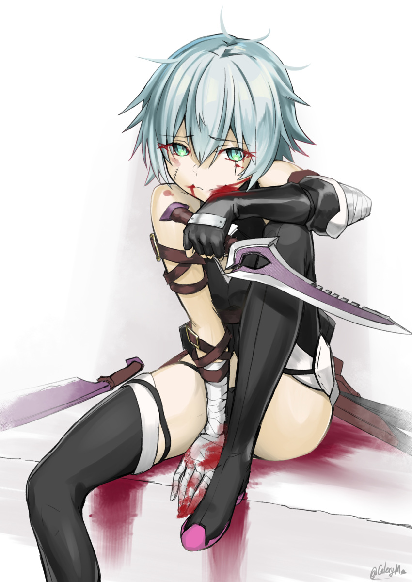 1girl absurdres arm_strap asymmetrical_gloves bandaged_hand between_legs black_footwear black_gloves blood blood_on_face boots celeryma dagger elbow_gloves eyebrows_visible_through_hair facial_scar fate/apocrypha fate_(series) fingerless_gloves gloves green_eyes hair_between_eyes hand_between_legs highres holding holding_dagger holding_weapon jack_the_ripper_(fate/apocrypha) looking_at_viewer scar scar_across_eye scar_on_cheek shiny shiny_hair short_hair silver_hair single_glove sitting sleeveless solo thigh-highs thigh_boots twitter_username weapon