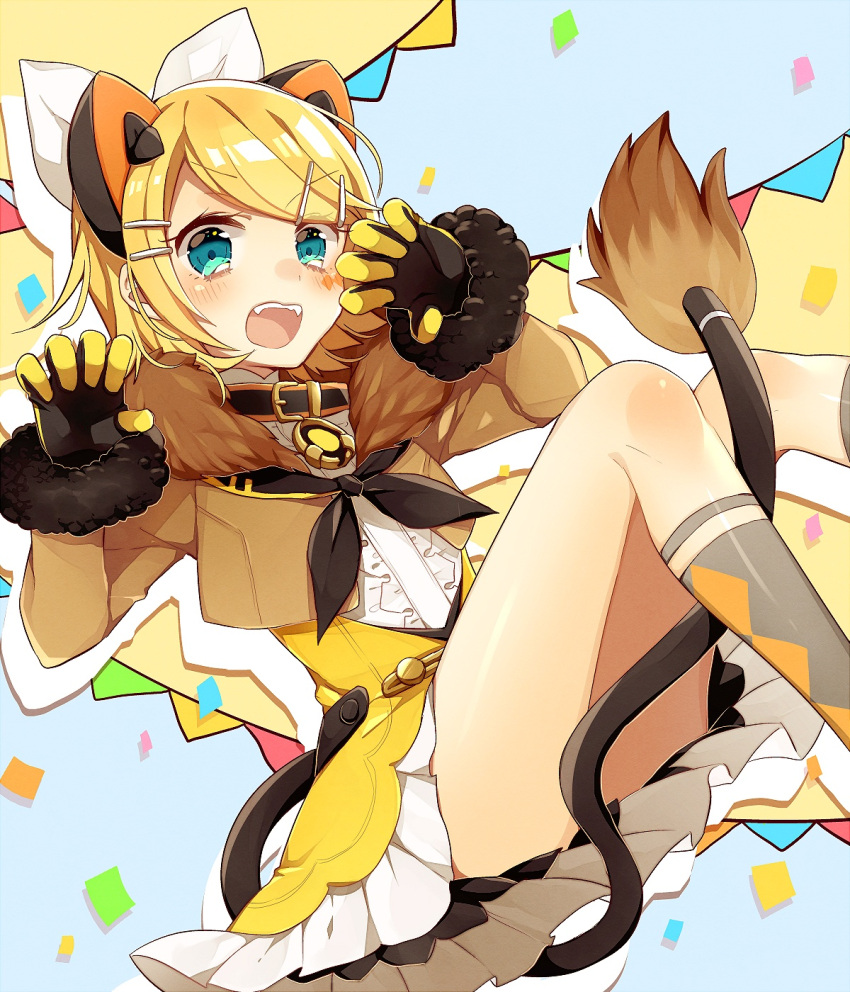 1girl amulet animal_ears asagao_minoru belt_collar between_legs black_bow blonde_hair blue_eyes blush bow bowtie brown_jacket claw_pose collar confetti feet_out_of_frame flag frilled_skirt frills fur-trimmed_jacket fur_trim gloves hair_bow hair_ornament hairclip highres jacket kagamine_rin knees_up looking_at_viewer magical_mirai_(vocaloid) open_mouth short_hair sitting skirt socks solo tail tail_between_legs thighs vocaloid white_bow