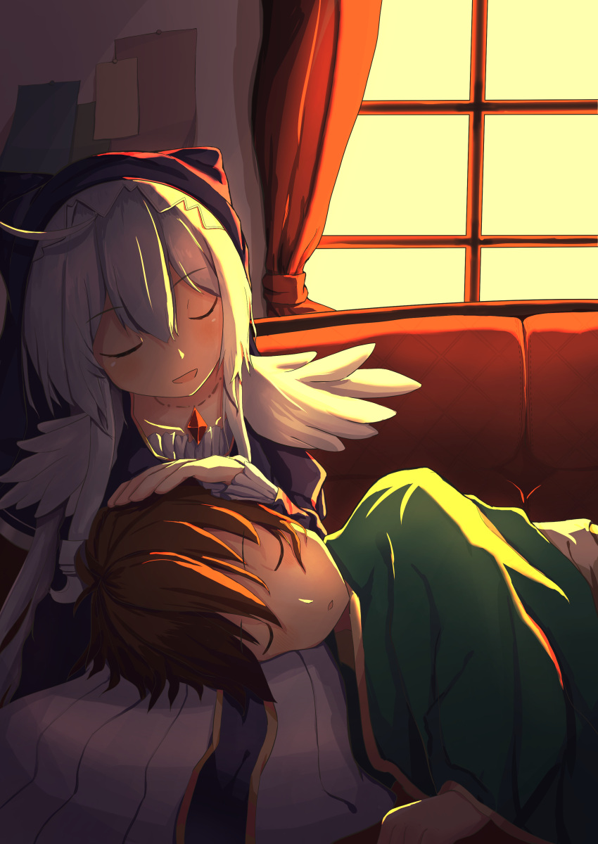 1boy 1girl absurdres ahoge brown_hair capelet closed_eyes commentary eris_(konosuba) habit highres kono_subarashii_sekai_ni_shukufuku_wo! lap_pillow petting satou_kazuma silver_hair siroi_sakana sleeping sunset