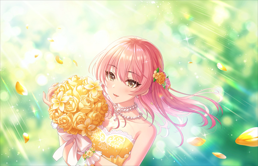 blush bouquet brown_eyes dress idolmaster_cinderella_girls_starlight_stage jougasaki_mika long_hair pink_hair veil wedding