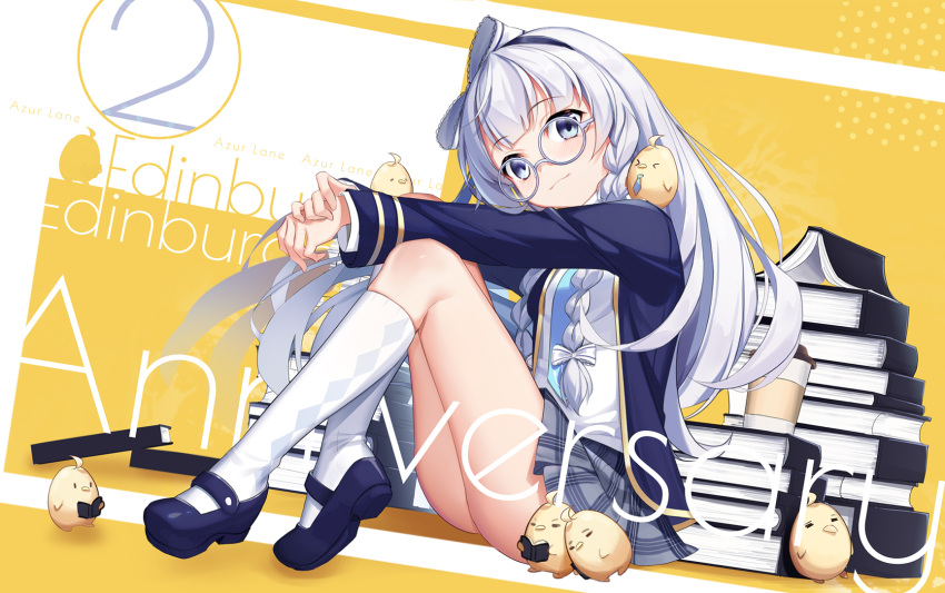 1girl azur_lane blush book_stack character_name commentary_request copyright_name edinburgh_(azur_lane) glasses grey-framed_eyewear grey_eyes hair_ribbon head_tilt highres jacknavy light_smile long_hair plaid plaid_skirt ribbon school_uniform side_braids silver_hair skirt socks solo very_long_hair wavy_mouth