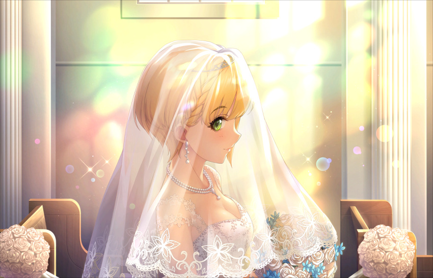 blonde_hair bouquet dress green_eyes idolmaster_cinderella_girls_starlight_stage miyamoto_frederica short_hair smile veil wedding