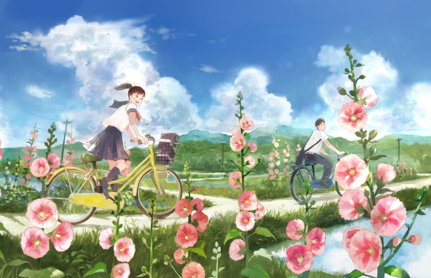 1boy 1girl :d absurdres bag bicycle bicycle_basket black_legwear black_skirt blue_sky brown_eyes brown_hair closed_mouth clouds cloudy_sky day expressionless flower from_side ground_vehicle highres hollyhock huge_filesize kneehighs looking_away looking_to_the_side neckerchief open_mouth original outdoors path plant pon_(cielo) power_lines red_neckwear rice_paddy riding road rural satchel scenery school_uniform serafuku short_ponytail side_ponytail skirt sky smile wide_shot