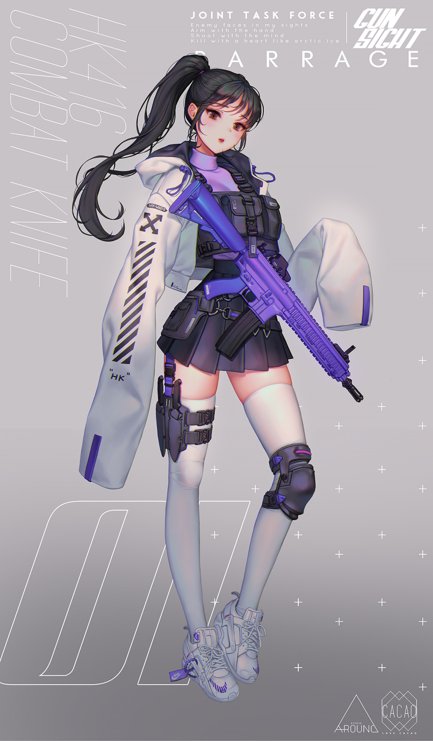 1girl artist_name assault_rifle belt black_hair brown_eyes coat combat_knife eyelashes grey_background gun h&amp;k_hk416 highres hood hood_down knee_pads knife lips long_hair long_sleeves looking_at_viewer love_cacao nike open_mouth original ponytail rifle sheath shoelaces shoes simple_background skirt sneakers solo standing thigh-highs vest weapon