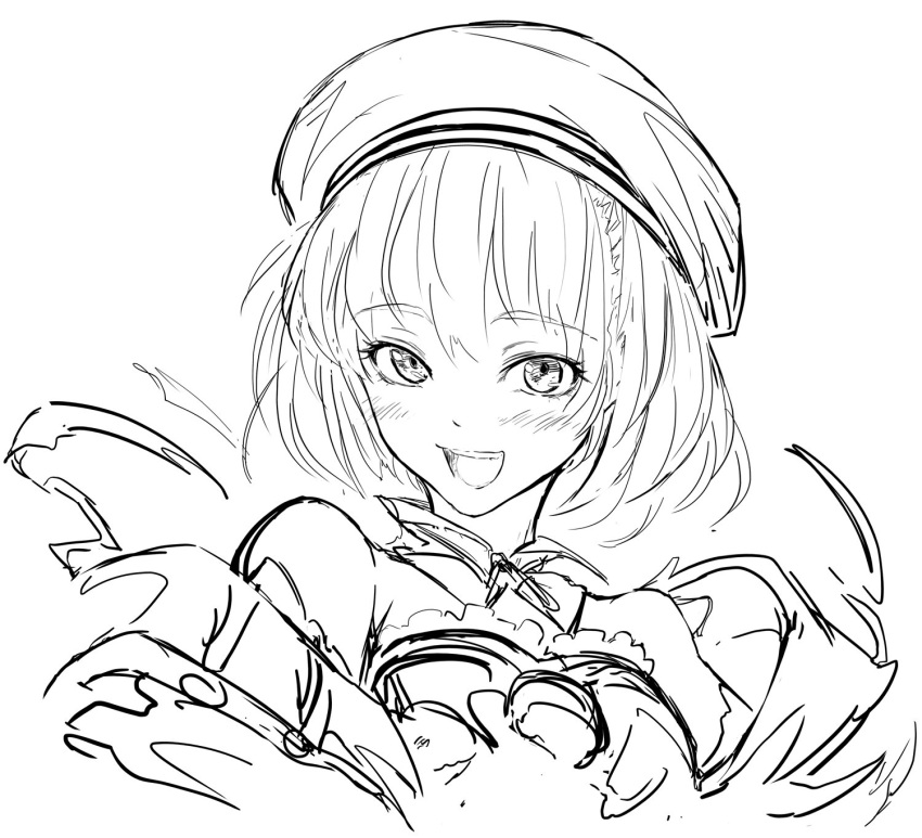 1girl beret commentary_request detached_collar dress fate/grand_order fate_(series) hat helena_blavatsky_(fate/grand_order) highres imizu_(nitro_unknown) lineart looking_at_viewer monochrome open_mouth short_hair smile solo strapless strapless_dress upper_body white_background work_in_progress
