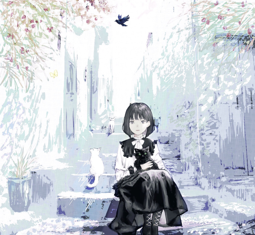 1girl bird black_eyes black_footwear black_fur black_hair black_skirt boots bow bowtie cat closed_mouth crow full_body green_eyes highres holding holding_cat long_skirt long_sleeves looking_at_viewer original outdoors plant shirone_(coxo_ii) shirt short_hair sitting skirt stairs town white_bow white_fur white_neckwear white_shirt