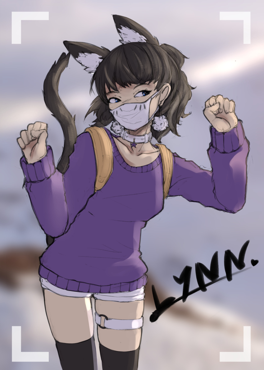 1girl absurdres animal_ear_fluff animal_ears arms_up backpack bag belt black_hair black_legwear black_tail blue_eyes blurry blurry_background breasts character_name choker clenched_teeth contrapposto highres jewelry long_sleeves looking_to_the_side lynn_(ring_of_elysium) maelorian neck_belt paw_pose pendant pom_pom_earrings purple_sweater ring_of_elysium short_hair short_shorts shorts small_breasts standing star star_choker surgical_mask sweater tail teeth text_focus thigh-highs thigh_strap white_belt white_mask white_shorts