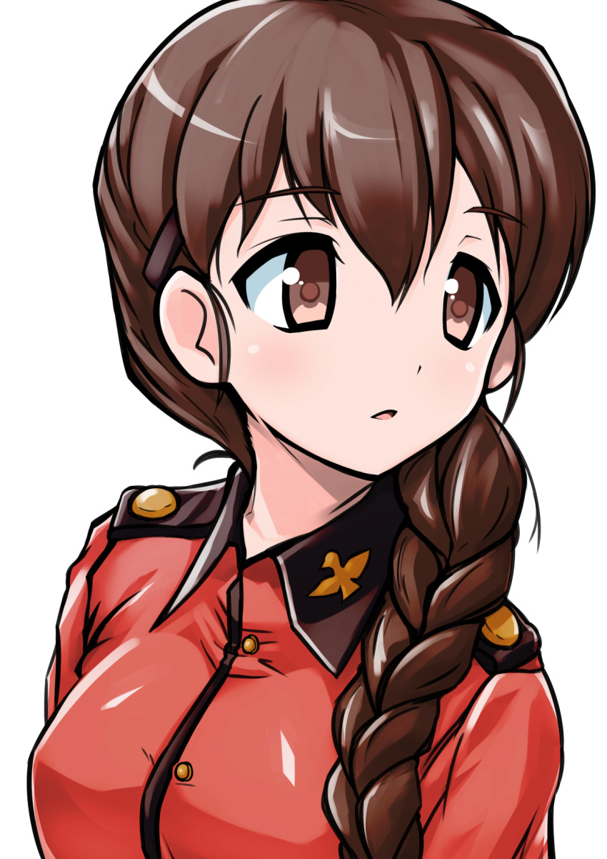 1girl aegis_(nerocc) bangs braid brown_eyes brown_hair commentary epaulettes eyebrows_visible_through_hair girls_und_panzer hair_ornament hair_over_shoulder hairclip highres insignia jacket long_hair long_sleeves looking_to_the_side military military_uniform parted_lips portrait red_jacket rukuriri simple_background single_braid solo st._gloriana's_military_uniform transparent_background uniform