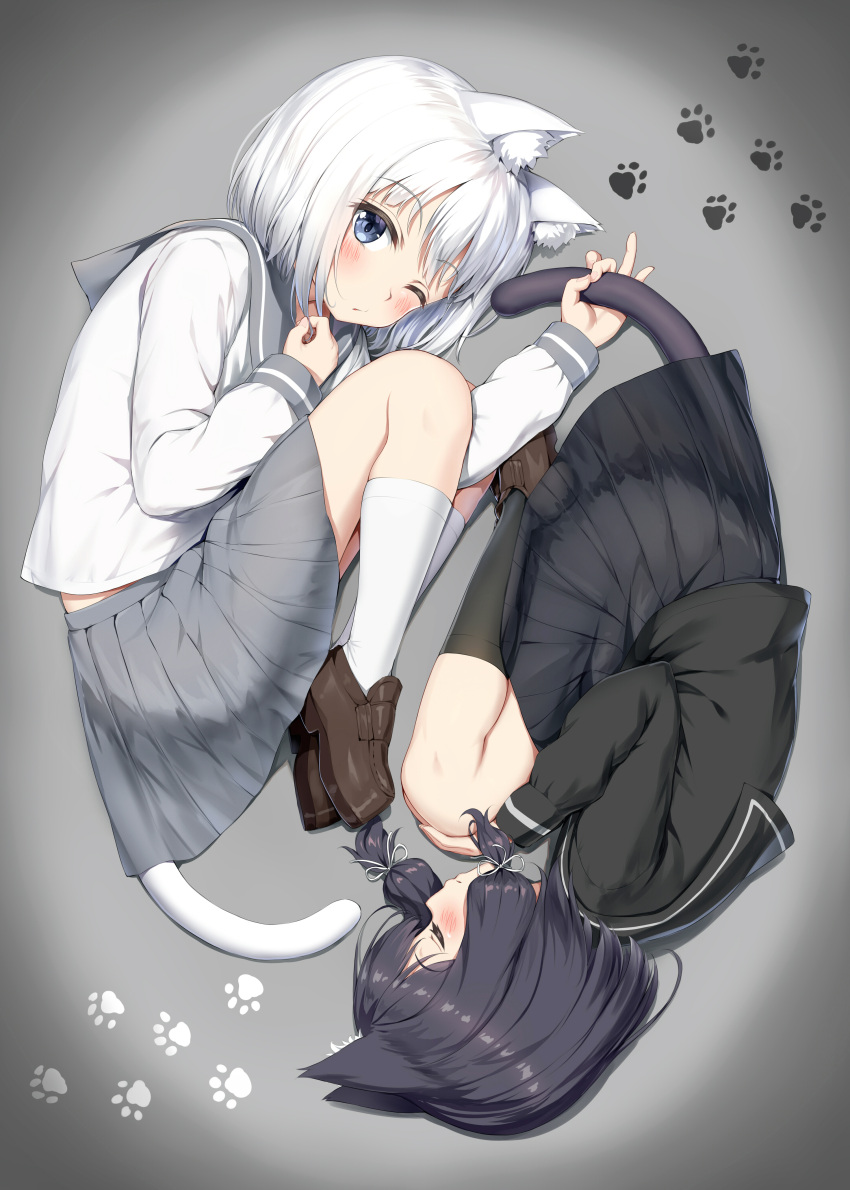 2girls absurdres animal_ear_fluff animal_ears bangs black_hair black_legwear black_skirt blue_eyes blush cat_ears cat_girl cat_tail closed_eyes closed_mouth commentary_request eyebrows_visible_through_hair folded_leg grey_skirt hair_between_eyes hair_ribbon highres holding_tail kneehighs long_sleeves looking_at_viewer lying multiple_girls neckerchief nedia_(nedia_region) on_side one_eye_closed original parted_lips paw_print pleated_skirt ribbon sailor_collar school_uniform serafuku shirt shoes short_hair skirt tail tress_ribbon white_hair white_legwear white_shirt