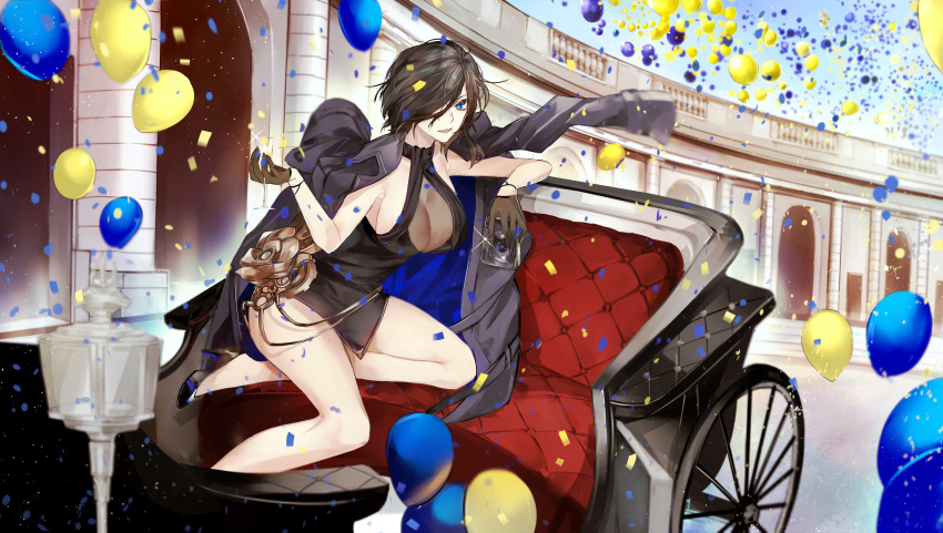 1girl absurdres alcohol alternate_costume ark_royal_(azur_lane) azur_lane balloon bangs black_dress black_hair blue_eyes breasts camera carriage champagne champagne_flute cleavage_cutout cocktail_dress cup dress drinking_glass formal gloves hair_over_one_eye high_heels highres jacket_on_shoulders large_breasts pvc_parfait short_hair solo