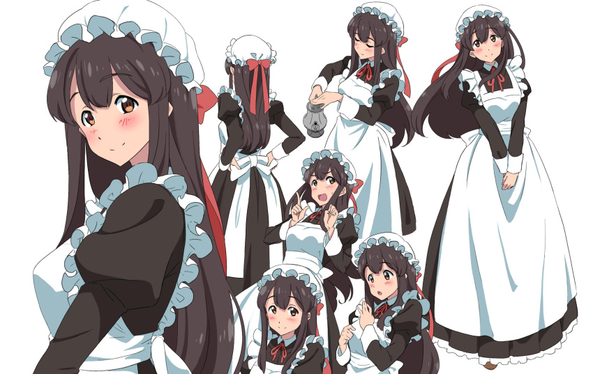 1girl akagi_(kantai_collection) alternate_costume ao_iro apron black_dress black_hair brown_eyes cowboy_shot dress enmaided frilled_apron frills full_body hat highres kantai_collection long_dress long_hair looking_to_the_side maid mob_cap multiple_views simple_background smile teapot upper_body white_apron white_background white_headwear