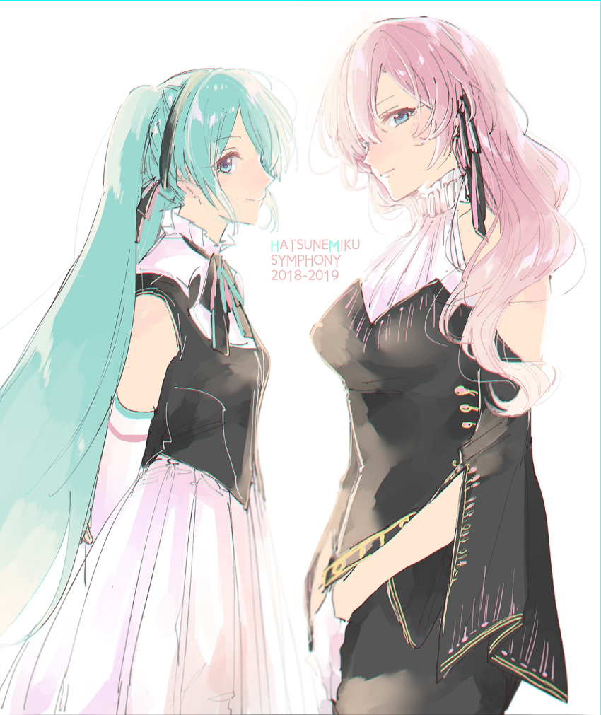 2018 2019 2girls arms_at_sides arms_behind_back black_dress black_hairband black_ribbon blue_eyes blue_hair breasts character_name copyright_name cowboy_shot curly_hair dated detached_sleeves dress eyebrows_visible_through_hair hairband half-closed_eyes hands_on_lap hatsune_miku height_difference highres long_dress long_hair looking_at_viewer medium_breasts megurine_luka miku_symphony_(vocaloid) mope multiple_girls neck_ribbon pink_hair profile ribbon short_dress sleeveless sleeveless_dress small_breasts smile standing straight_hair twintails very_long_hair vocaloid white_dress