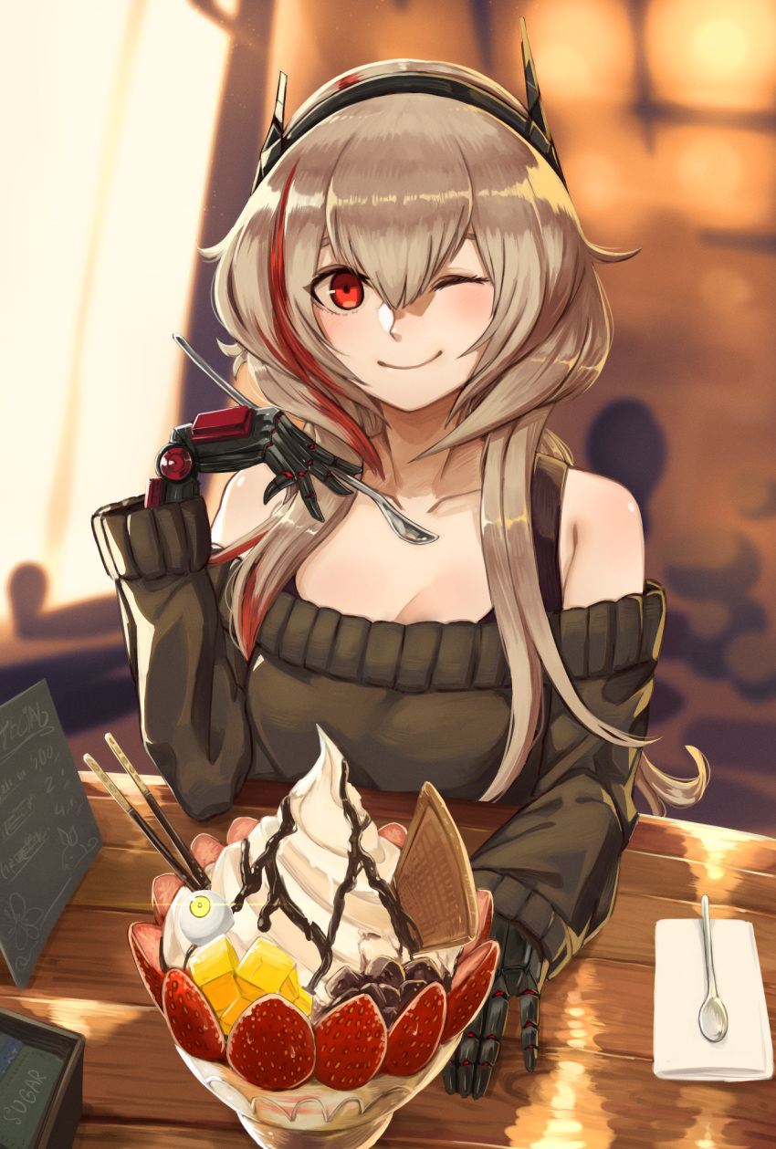 1girl ;) bangs blurry blurry_background blush breasts brown_hair brown_sweater cafe chocolate cream day eyeball food fruit fumafu girls_frontline glint hair_between_eyes headgear highres holding holding_spoon ice_cream indoors long_hair looking_at_viewer m4_sopmod_ii_(girls_frontline) mechanical_hands menu multicolored_hair napkin off-shoulder_sweater off_shoulder one_eye_closed parfait pov red_eyes sidelocks sitting smile solo spoon strawberry streaked_hair sweater wafer_stick