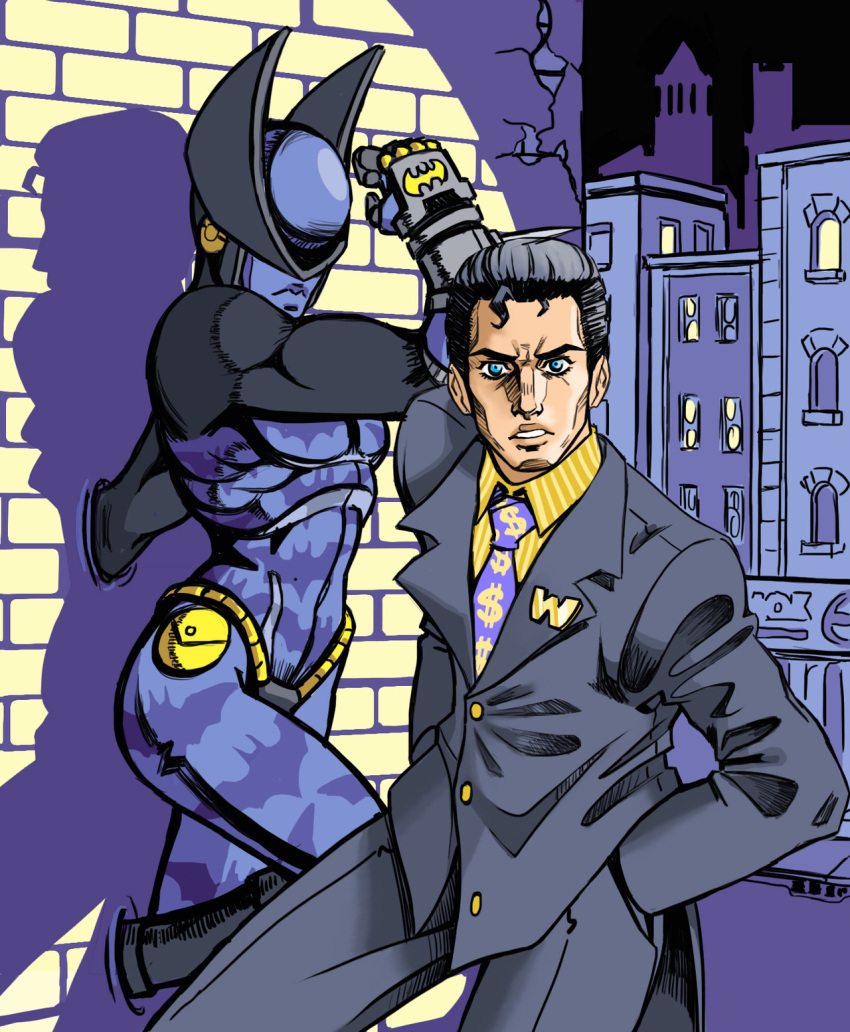 bat batman_(series) black_hair blue_eyes brick_wall bruce_wayne building business_suit dc_comics dollar_sign formal guilhermerm highres jojo_no_kimyou_na_bouken looking_at_viewer necktie parody purple_neckwear shadow shirt spotlight stand suit yellow_shirt