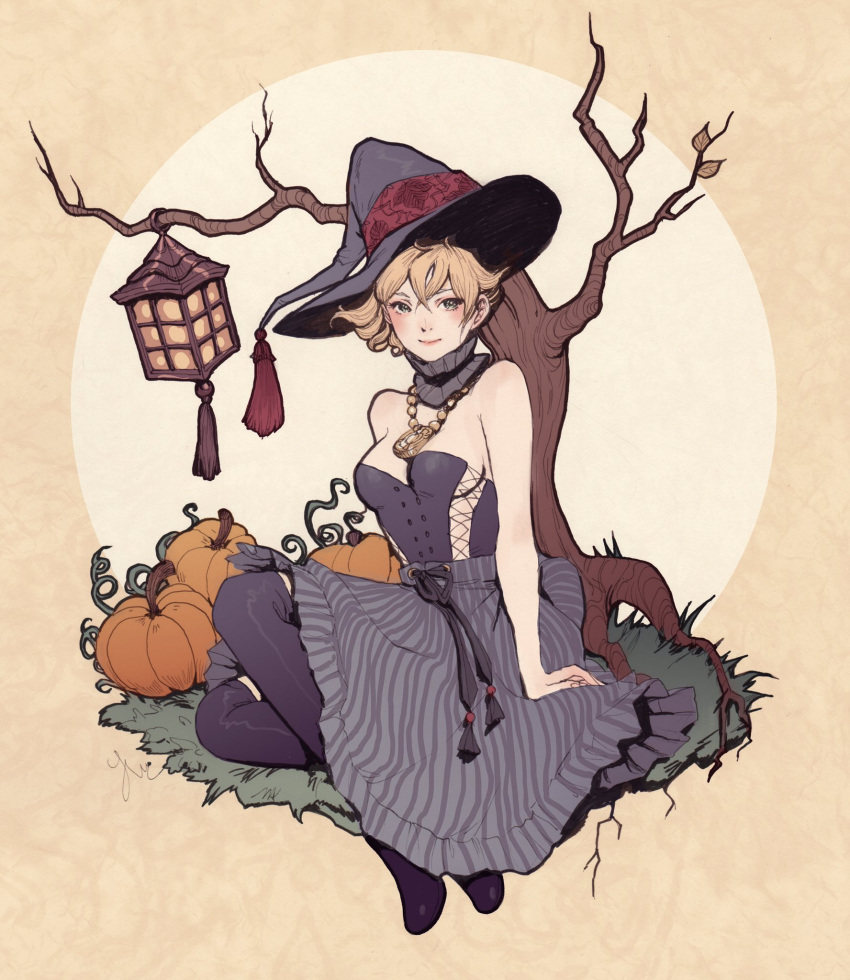 1girl bare_shoulders black_headwear blonde_hair blush breasts dress halloween hat highres jasmin_darnell jewelry medium_breasts necklace original pumpkin sitting smile solo strapless striped striped_dress tree witch_hat