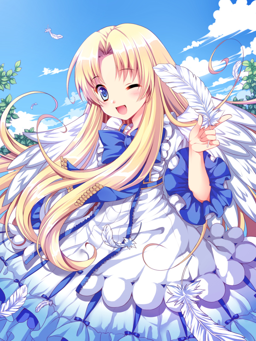 ;) ayamisiro blonde_hair blue_eyes blue_sky blush dress feathers firo_(tate_no_yuusha_no_nariagari) highres long_hair one_eye_closed ribbon sky smile tate_no_yuusha_no_nariagari wings