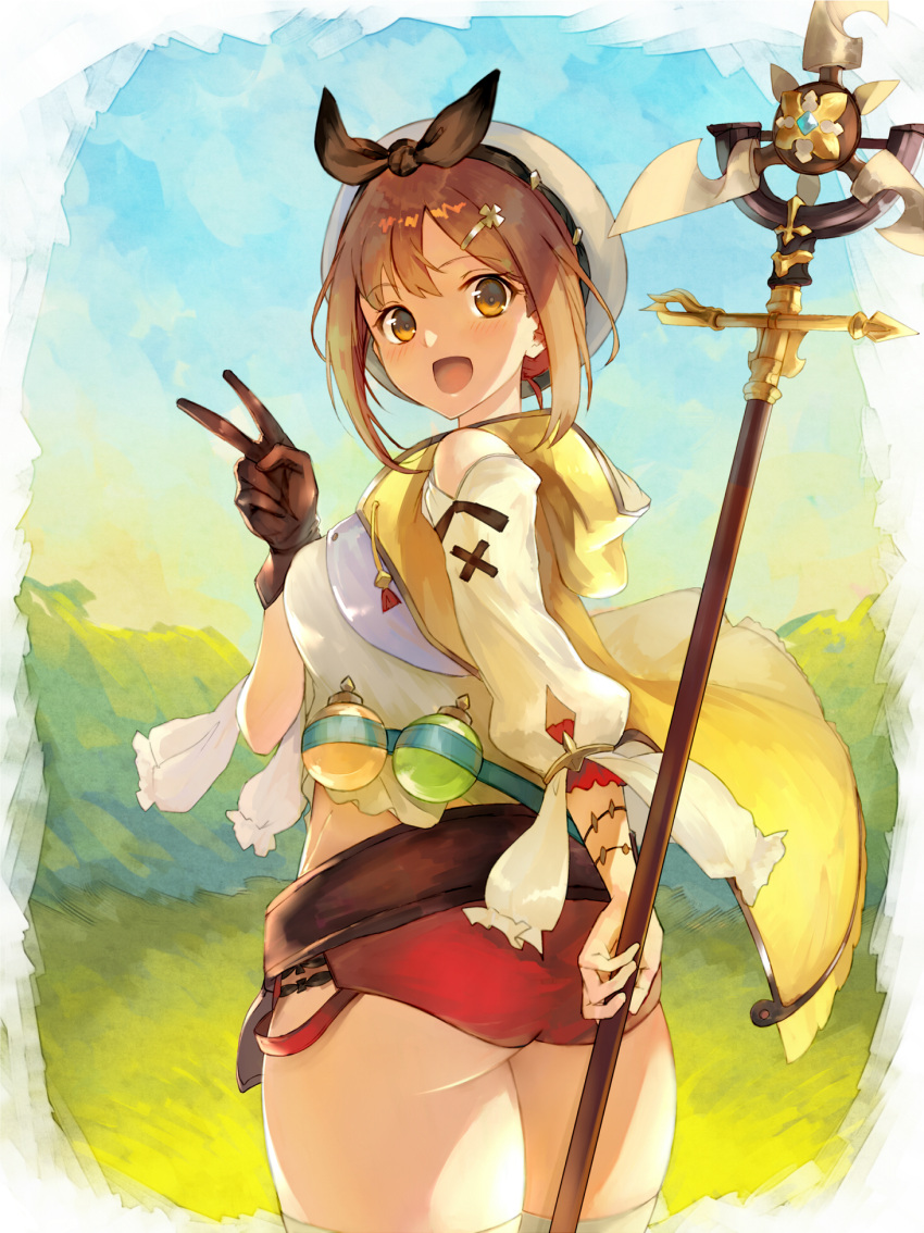 1girl :d ass atelier_(series) atelier_ryza bangs blue_sky breasts brown_eyes brown_gloves brown_hair commentary_request gloves hair_ornament hairclip hand_up highres jazztaki jewelry leather leather_gloves light_blush looking_at_viewer looking_back medium_breasts midriff necklace open_mouth outdoors red_shorts reisalin_stout round-bottom_flask short_shorts shorts shoulder_cutout sidelocks single_bare_shoulder single_glove skindentation sky smile solo staff standing thick_thighs thigh-highs thighs twisted_torso v white_legwear