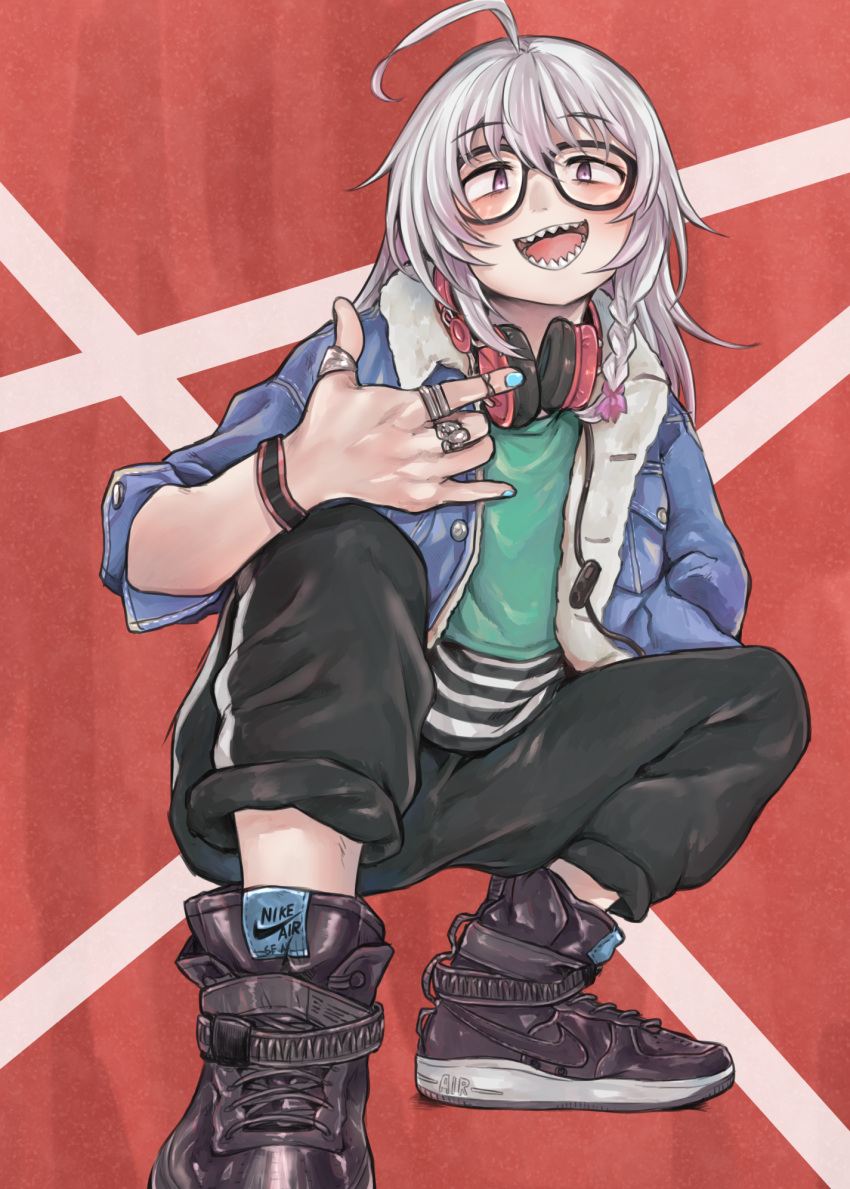 1girl \m/ ahoge bangs blush braid buttons denim denim_jacket eyebrows_visible_through_hair fur_trim glasses hair_ribbon headphones headphones_around_neck highres hoshi_shouko idolmaster idolmaster_cinderella_girls jacket jewelry long_hair looking_at_viewer nail_polish nike open_mouth pants ribbon ring sharp_teeth shirt shoes silver_hair single_braid solo squatting taremayu_(kikai_tomato) teeth violet_eyes